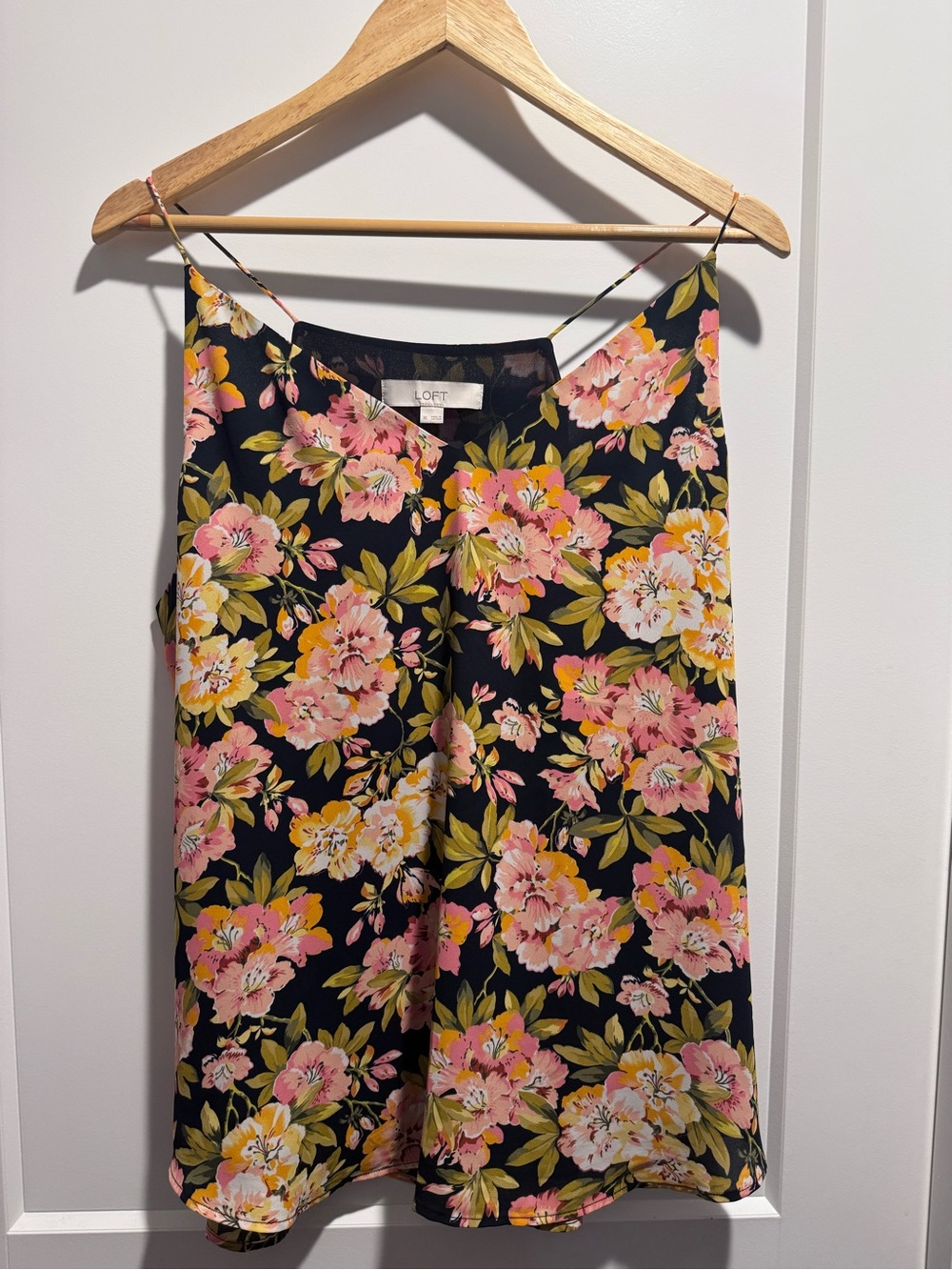 LOFT Navy Floral V-Neck Camisole with Pink & Yellow Blooms XL